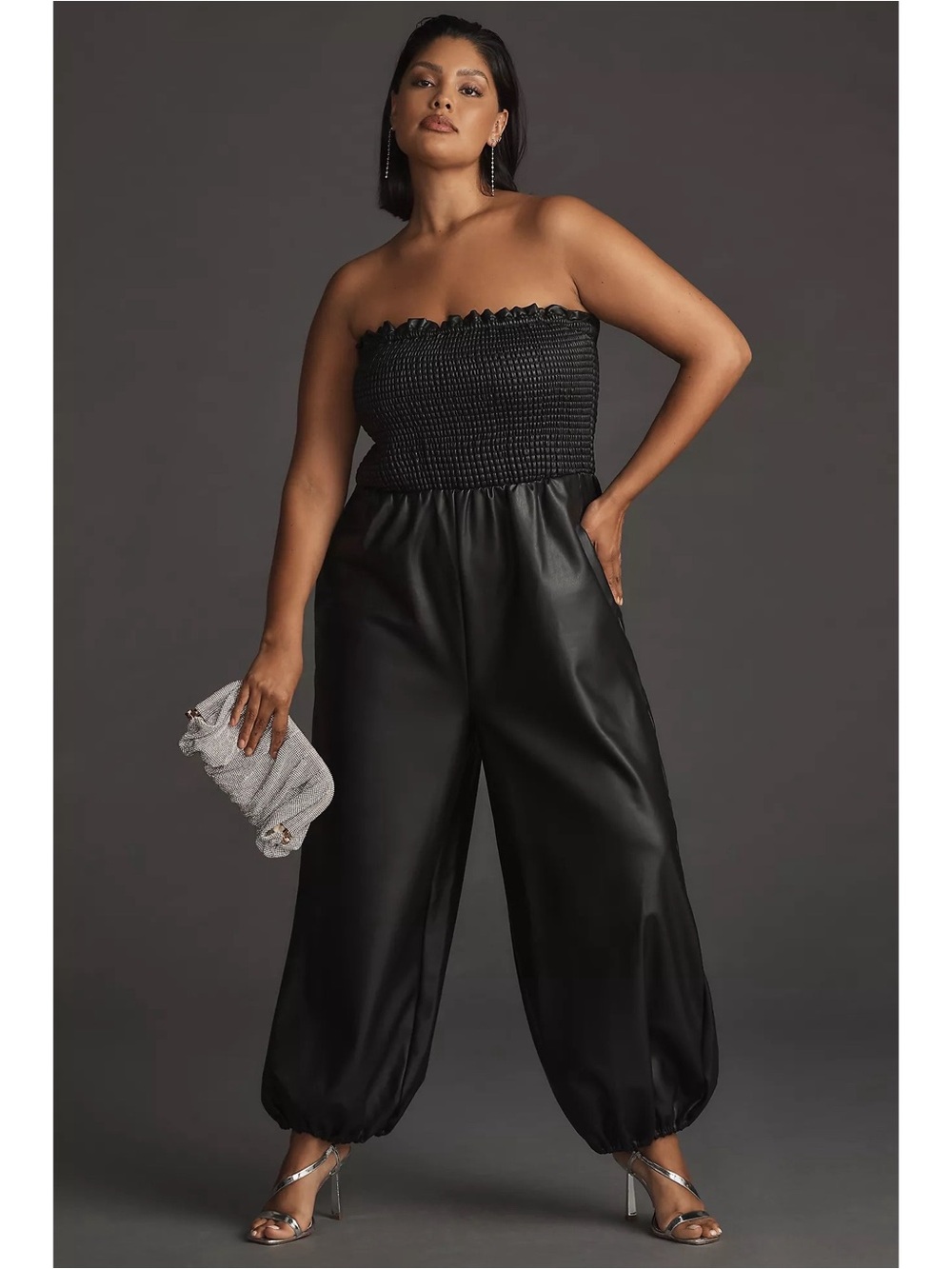 Anthropologie Strapless Faux Leather Balloon Jumpsuit‎ in Black